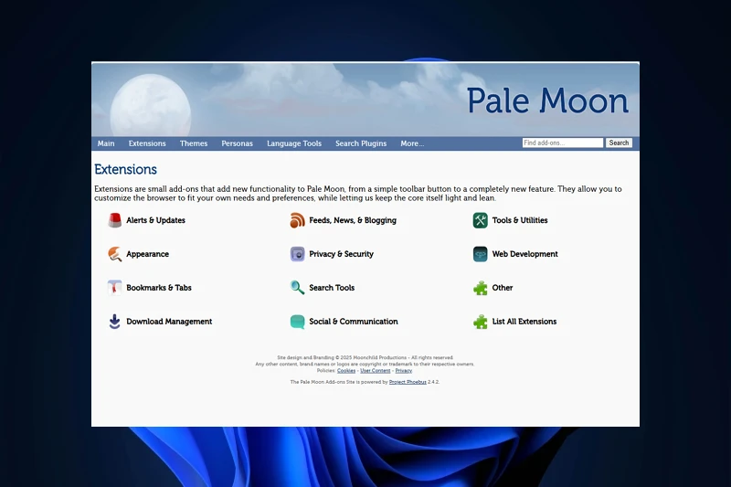 Pale Moon 확장 애드온 제공