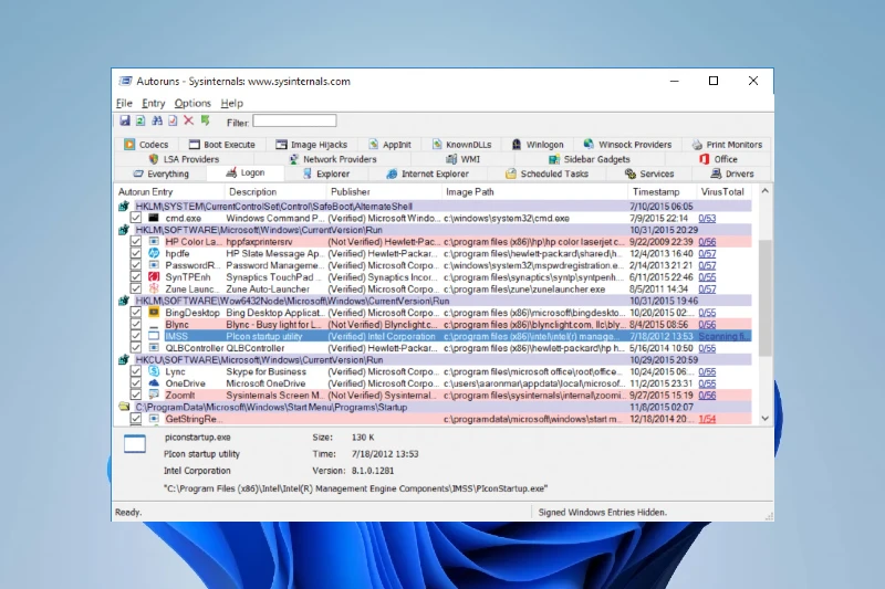 Autoruns 자동 실행 항목 확인