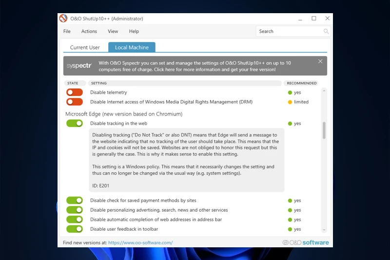 O&O ShutUp10++ 고급 설정 제어