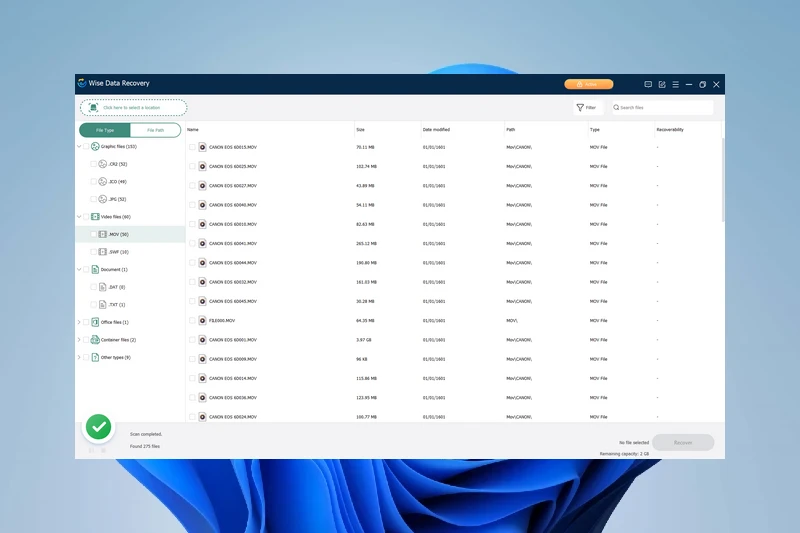 Wise Data Recovery 빠른 스캔과 심층 스캔 제공
