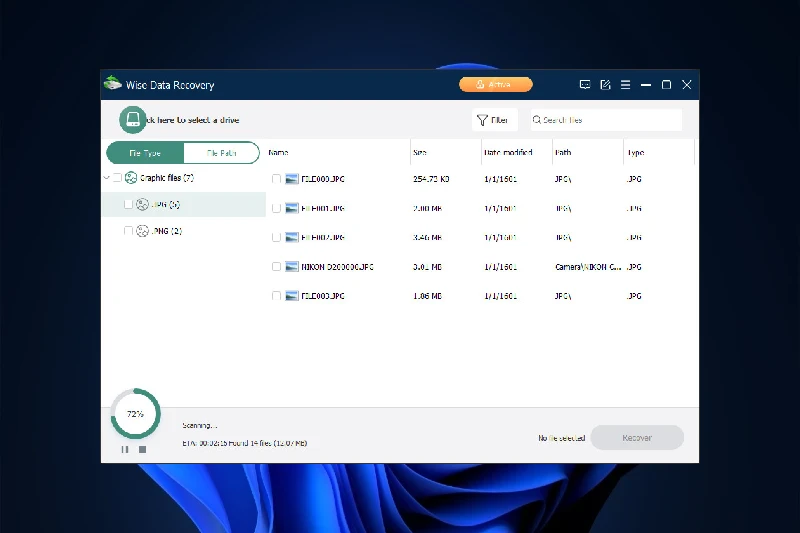 Wise Data Recovery 삭제 파일 상태 표시