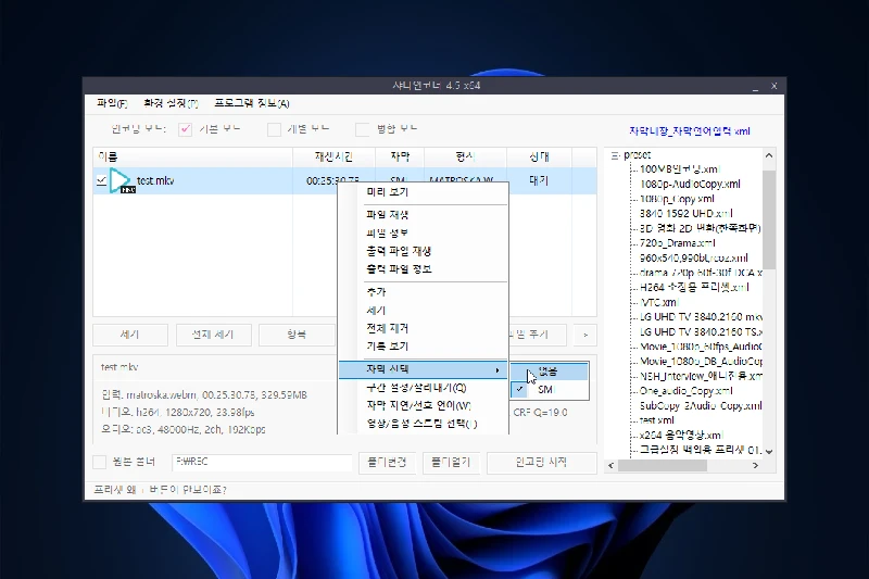 샤나인코더 다양한 자막 관리 옵션