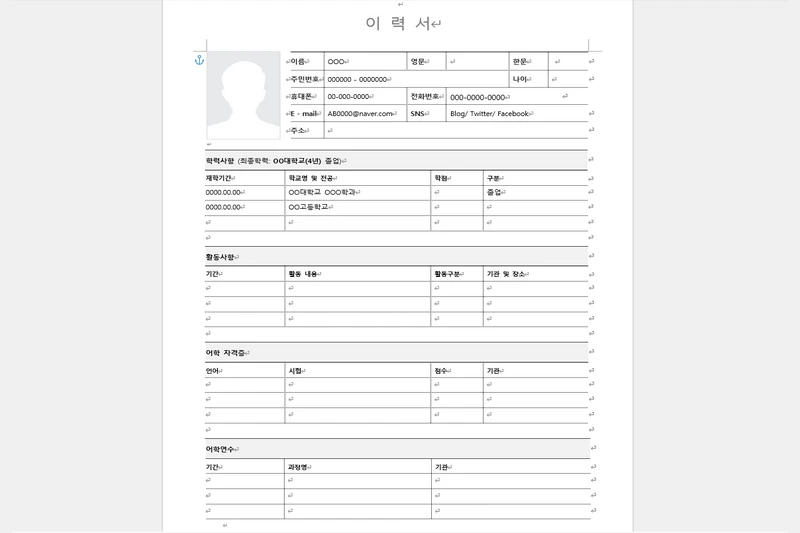 표준이력서 양식
